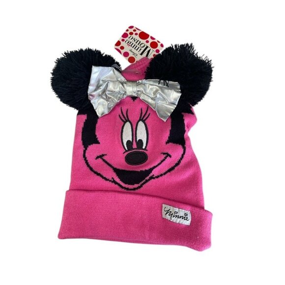 Disney Minnie Mouse Girl's Pink Knit Beanie With Black Pom Ears & Silver Bow - Picture 1 of 2
